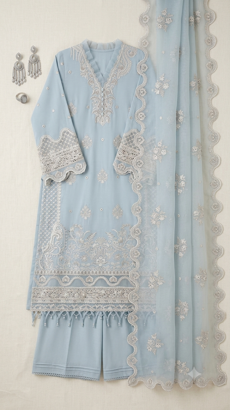 Blue Embroidered Organza Unstitched 3-Piece Suit