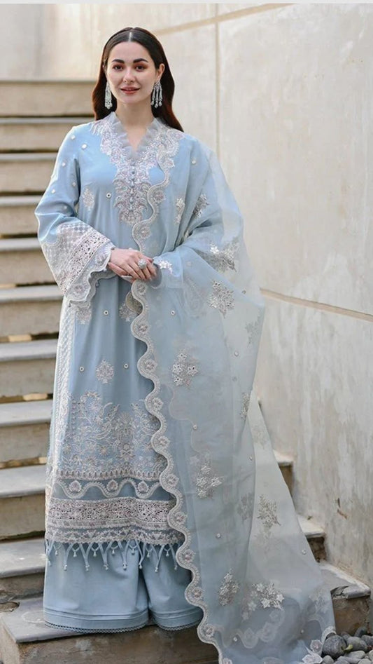 Blue Embroidered Organza Unstitched 3-Piece Suit