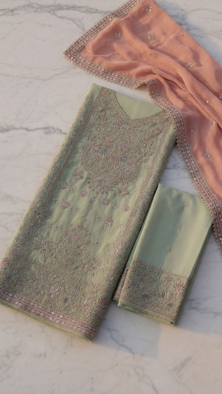 "Heavy Embroidered Pistachio Green Unstitched Suit